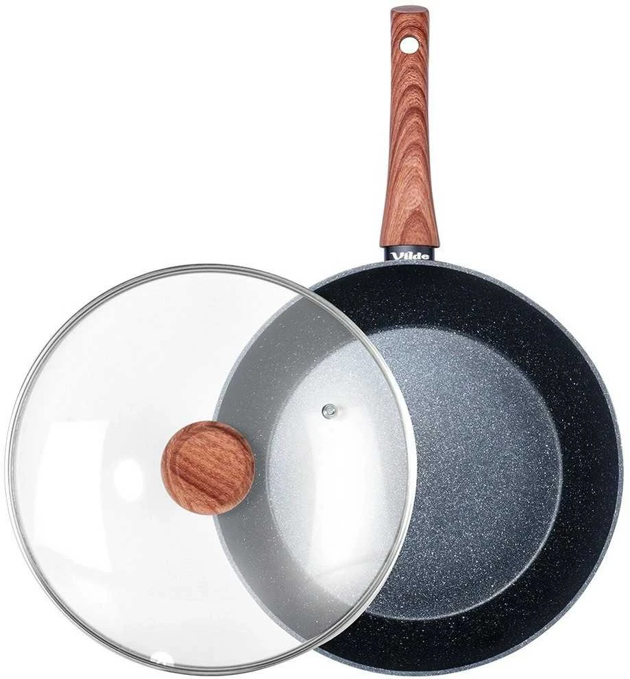 Indukcinė keptuvė su stikliniu dangčiu, neprideganti granitinė VILDE 28cm