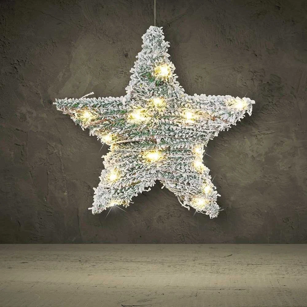 Kalėdinė apsnigta šviečianti žvaigždė puošmena, kalėdinis apšvietimas, 20 LED, 30 cm
