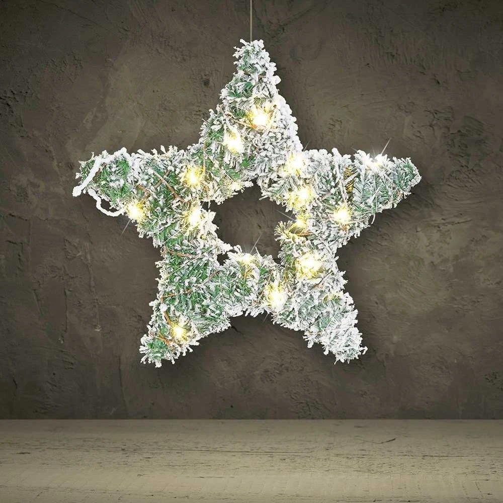 Kalėdinė apsnigta šviečianti žvaigždė puošmena, šventinis apšvietimas, 40 LED, 58 cm