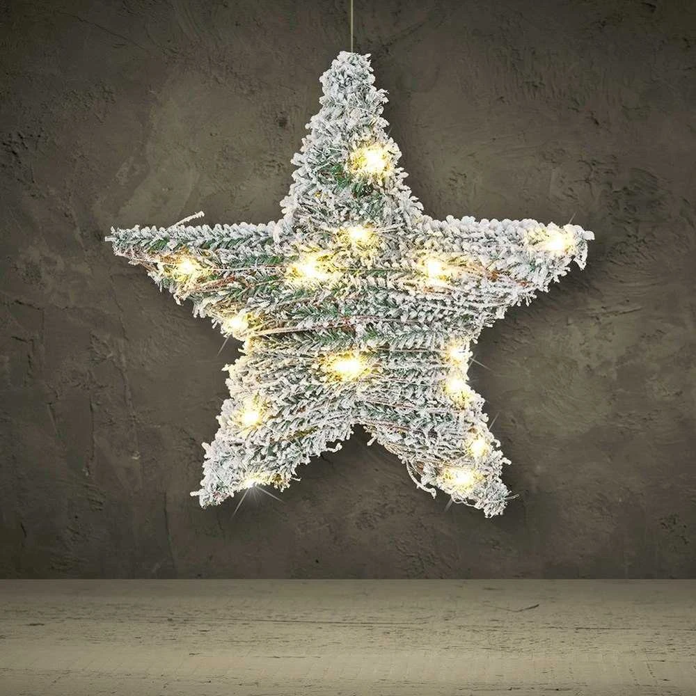 Kalėdinė apsnigta šviečianti žvaigždė puošmena, kalėdinis apšvietimas, 30 LED, 40 cm