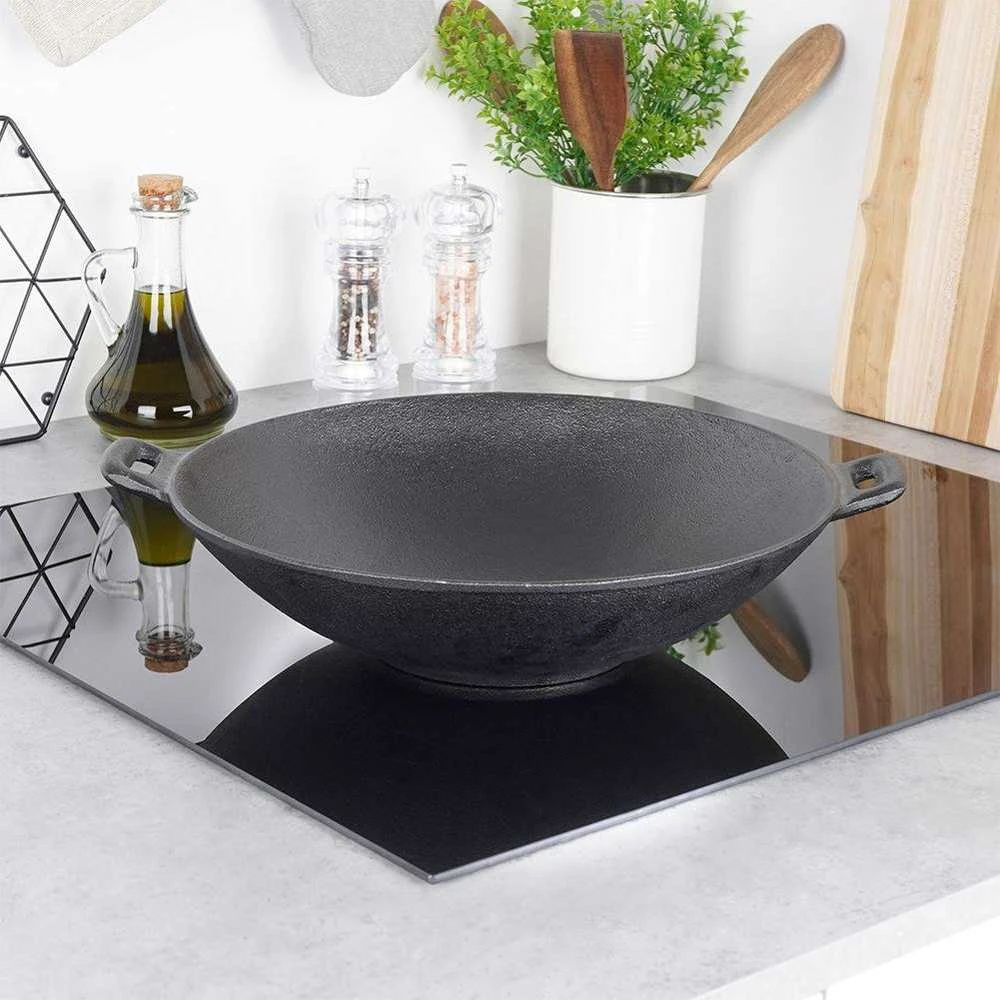 Ketaus keptuvė, wok, ketaus lėkštė su dviem rankenomis, apvali, 30 cm