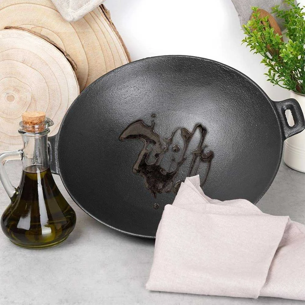 Ketaus keptuvė, wok, ketaus lėkštė su dviem rankenomis, apvali, 30 cm