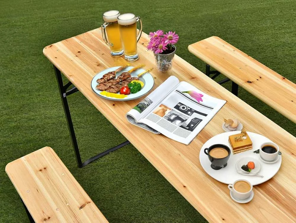 Lauko baldų komplektas LAGER plieno ir medinis komplektas: stalas + 2 suolai 220 cm