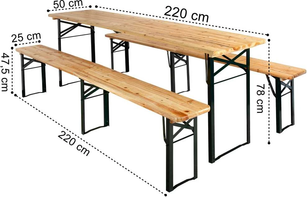 Lauko baldų komplektas LAGER plieno ir medinis komplektas: stalas + 2 suolai 220 cm