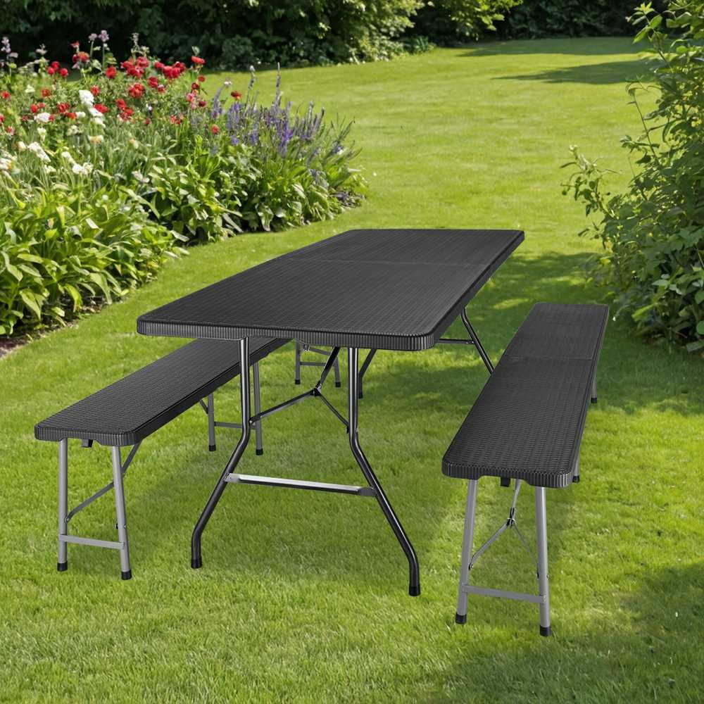 Lauko baldų komplektas Maitinimo komplektas Rotango juodas stalas 180 cm + 2 suolai