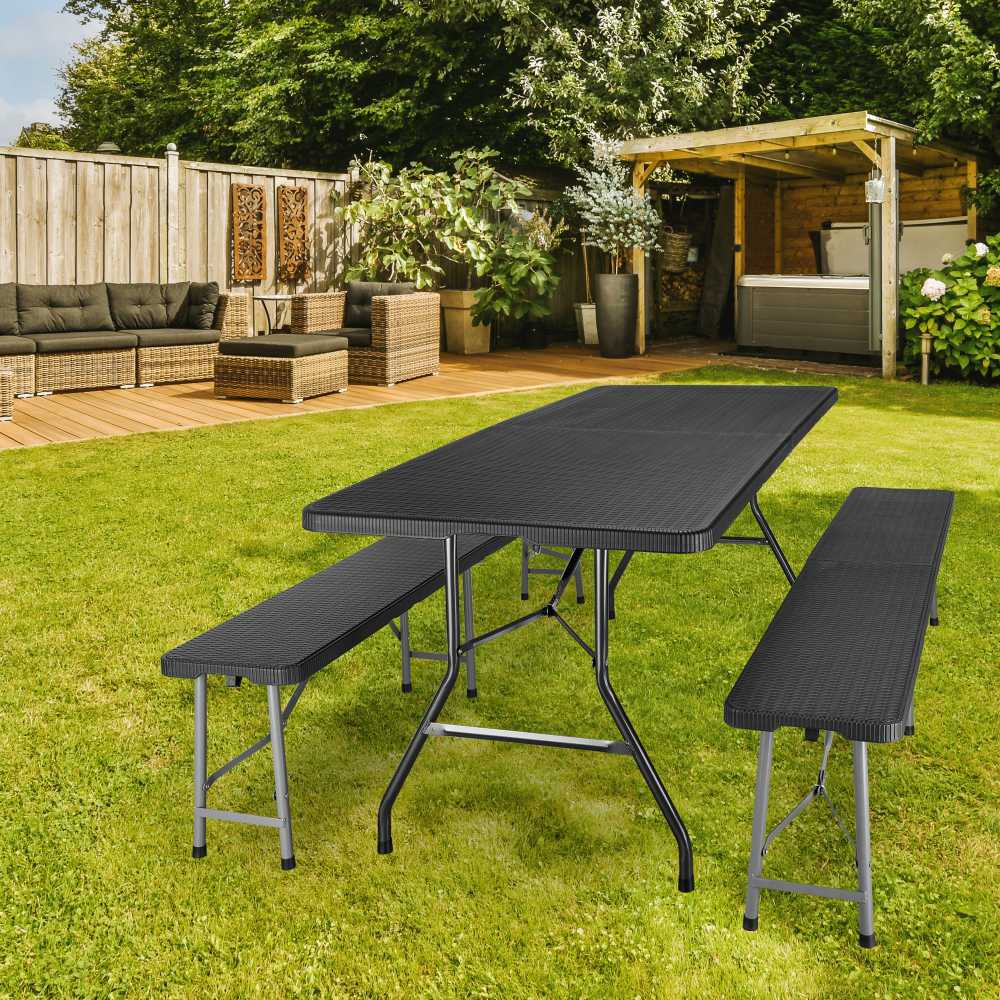 Lauko baldų komplektas Maitinimo komplektas Rotango juodas stalas 180 cm + 2 suolai