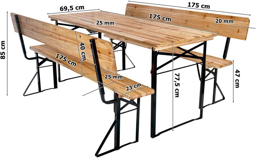 Lauko baldų komplektas PORTER plieno ir medinis sodo komplektas 175 cm stalas + 2 suolai