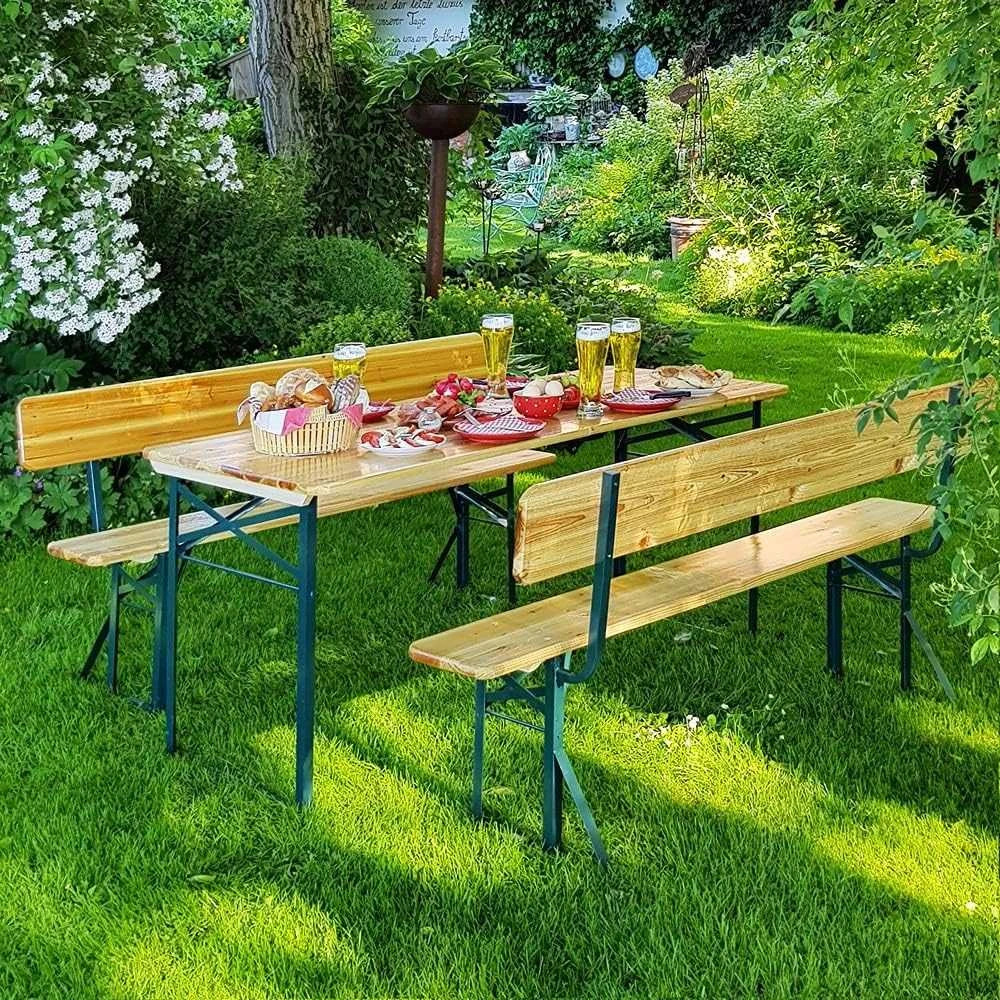 Lauko baldų komplektas PORTER plieno ir medinis sodo komplektas 175 cm stalas + 2 suolai