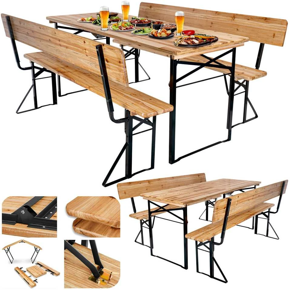 Lauko baldų komplektas PORTER plieno ir medinis sodo komplektas 175 cm stalas + 2 suolai