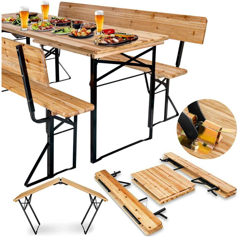 Lauko baldų komplektas PORTER plieno ir medinis sodo komplektas 175 cm stalas + 2 suolai