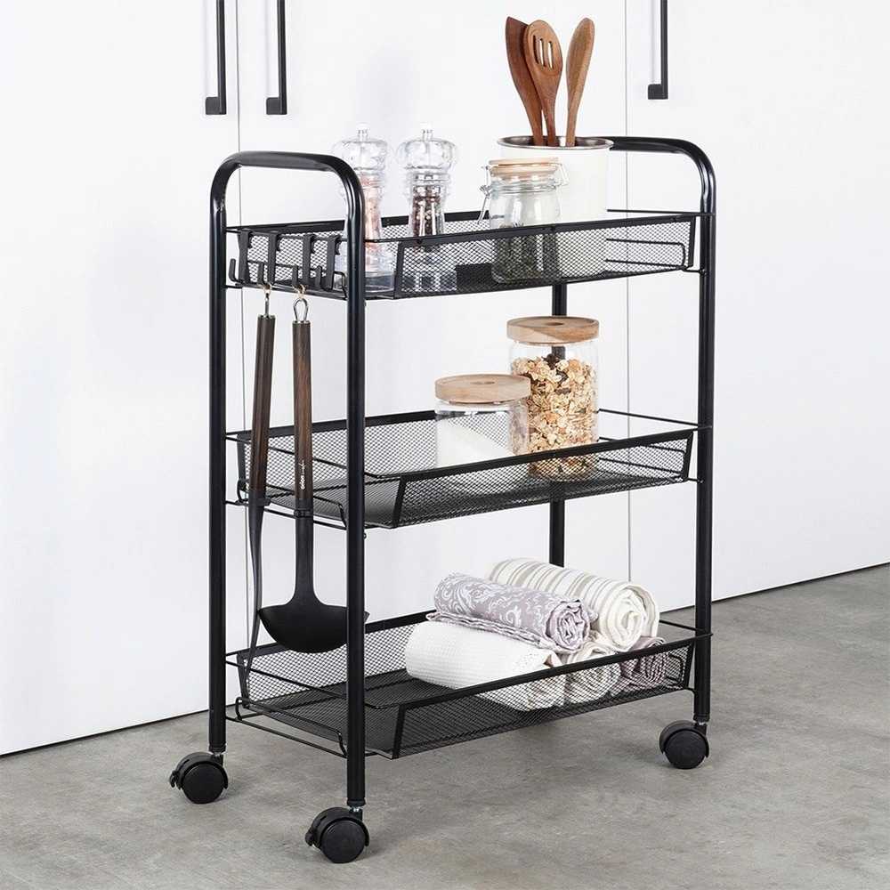 Lentynėlė ant ratų 3 lygių metalinė juoda VILDE 44 x 26 x 63 cm