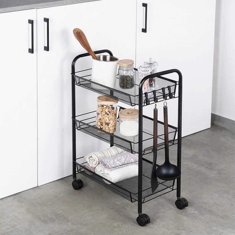 Lentynėlė ant ratų 3 lygių metalinė juoda VILDE 44 x 26 x 63 cm