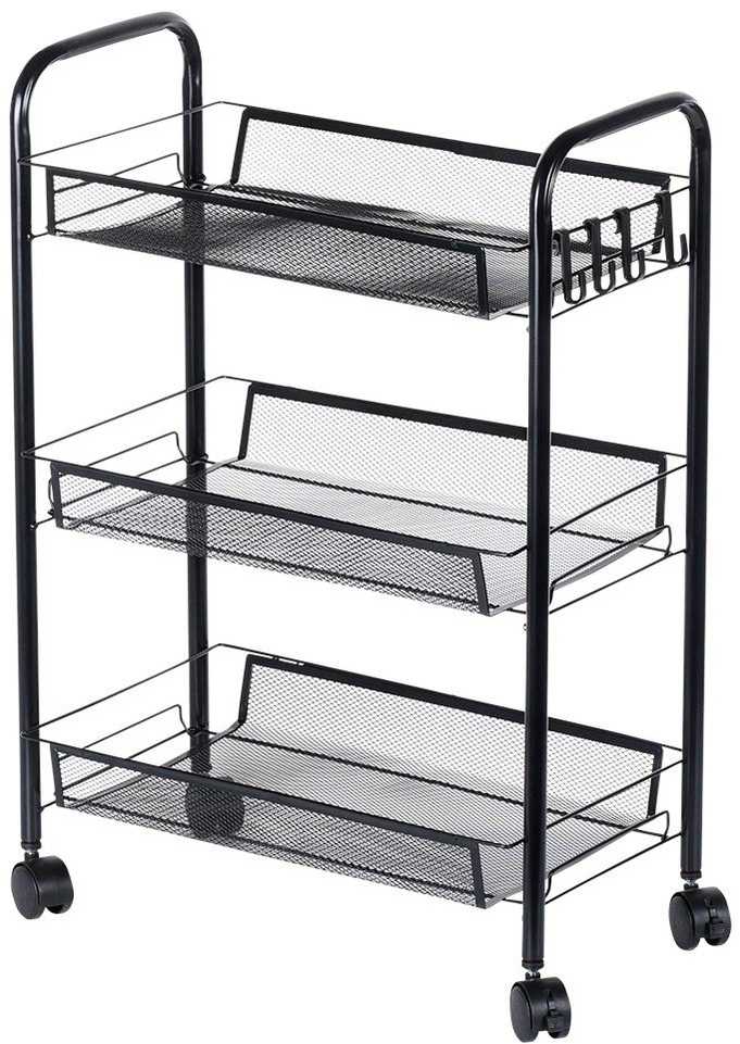 Lentynėlė ant ratų 3 lygių metalinė juoda VILDE 44 x 26 x 63 cm