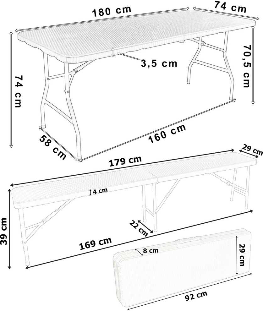 Lauko baldų komplektas Maitinimo komplektas Rotango rudas stalas 180 cm + 2 suolai