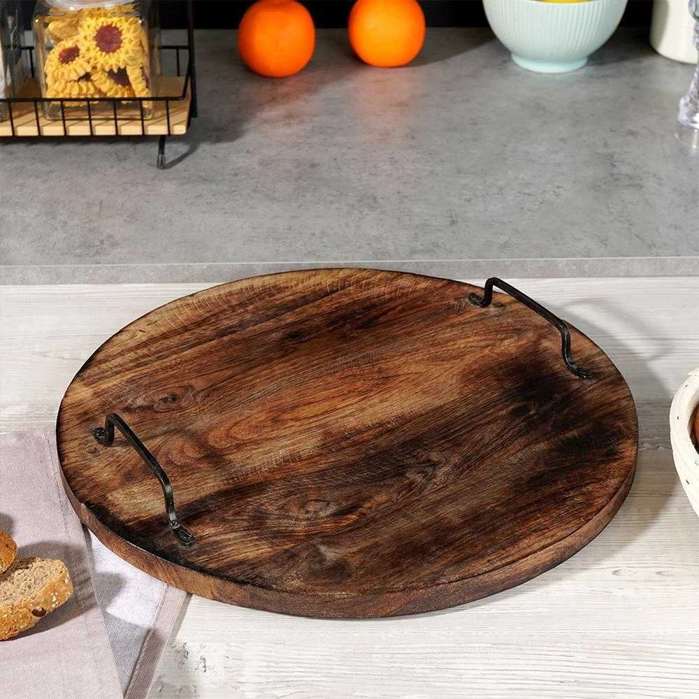 Medinė pjaustymo lenta, serviravimas, apvalus padėklas su rankenomis, 39-40 cm