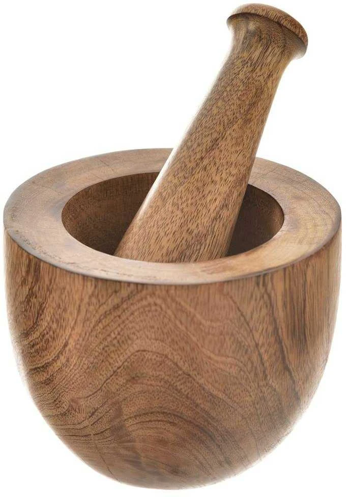 Medinis virtuvinis skiedinys su grūstuvu prieskoniams, žolelėms, riešutams malti, didelis 13,5 cm
