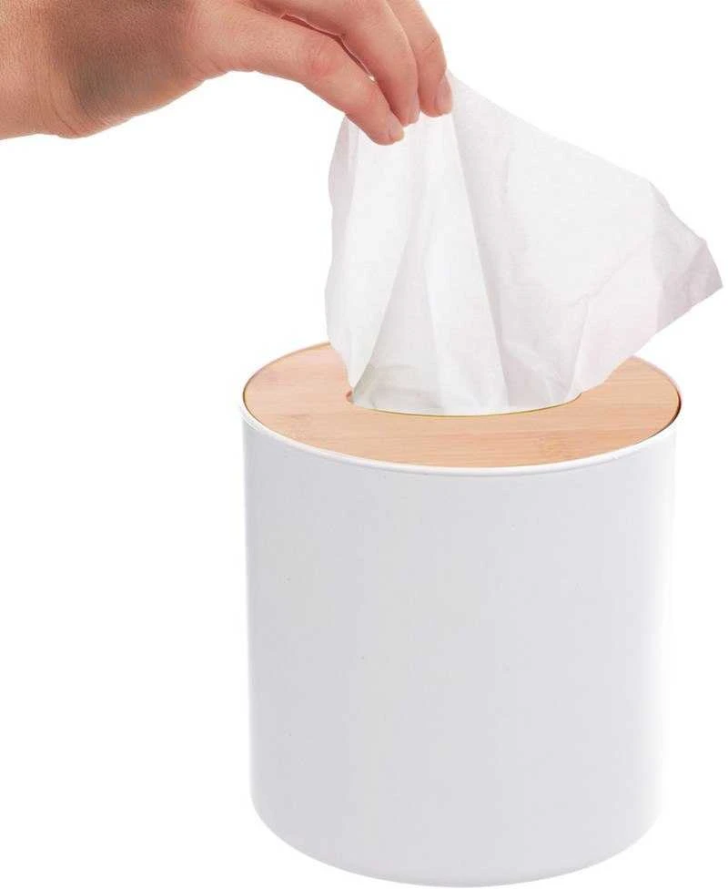 Mini vonios kambario šiukšliadėžė balta su bambukiniu dangteliu 1,5 l