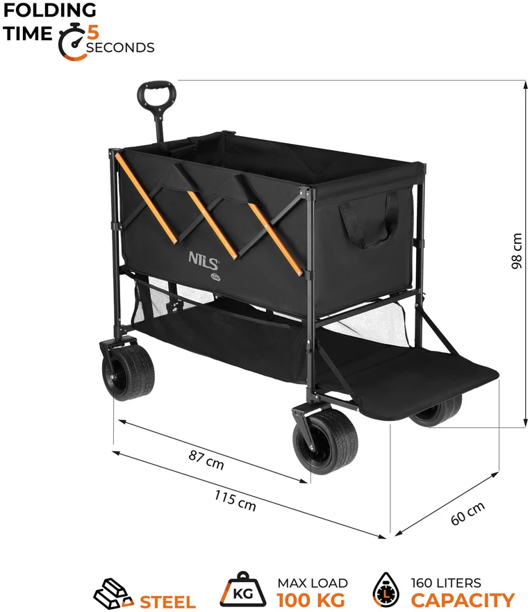 NC2607 XXL kelioninis vežimėlis juodos-oranžinės spalvos 160 l NILS CAMP