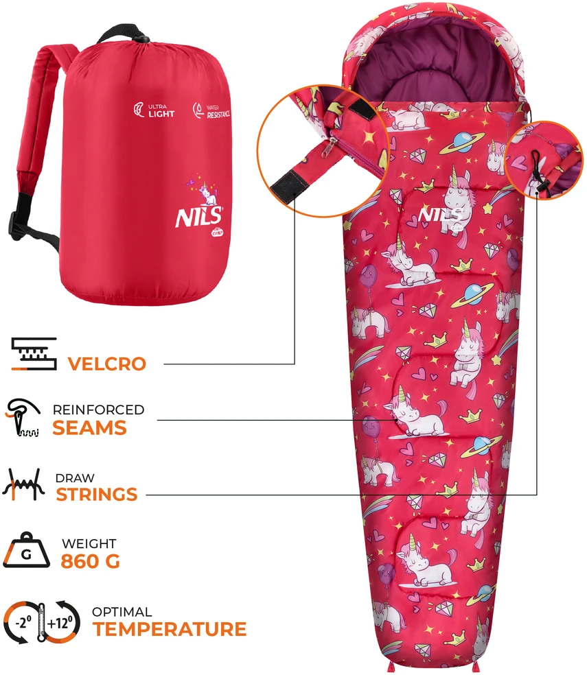NC3201 Vaikiškas miegmaišis su kuprine Vienaragiai Nils Camp
