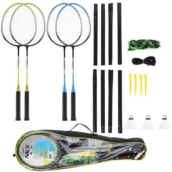 NRZ014 PLIENINIS / BADMINTONAS RINKINYS 4 REKETĖS + 3 VEŽĖLIAI + TINKLAI 195x22cm + NILS dangtelis