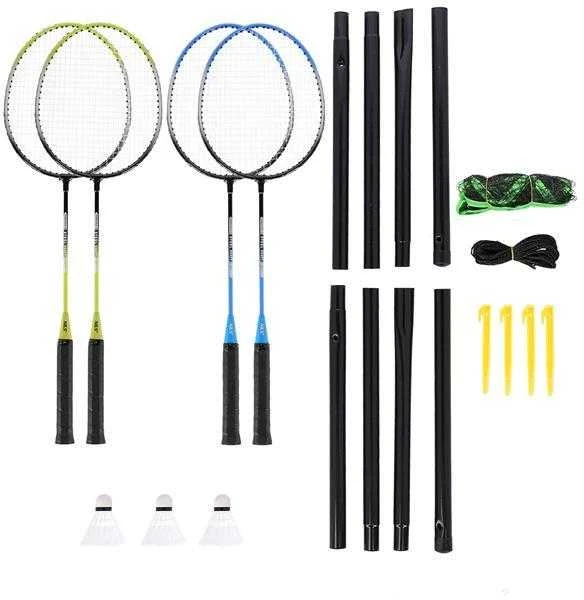 NRZ014 PLIENINIS / BADMINTONAS RINKINYS 4 REKETĖS + 3 VEŽĖLIAI + TINKLAI 195x22cm + NILS dangtelis