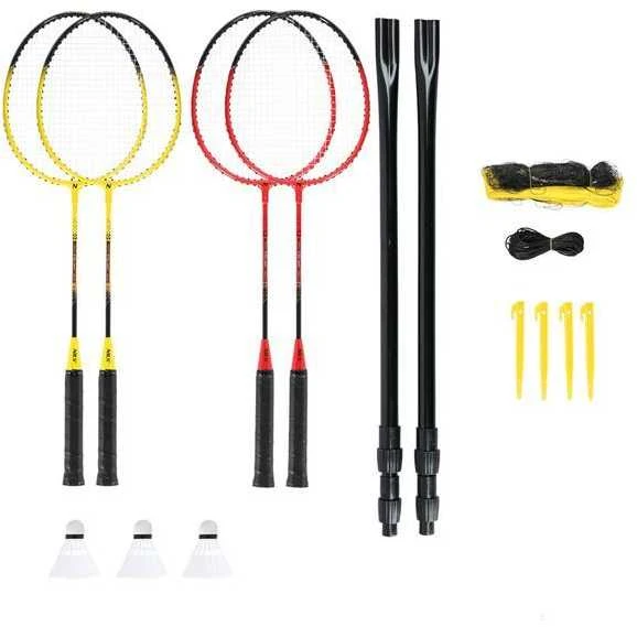 NRZ264 ALIUMINIO / BADMINTONO RINKINYS 4 RAKETĖS + 3 PLUNKSTINĖS langinės + TINKLAS 600x60cm + NILS dangtelis