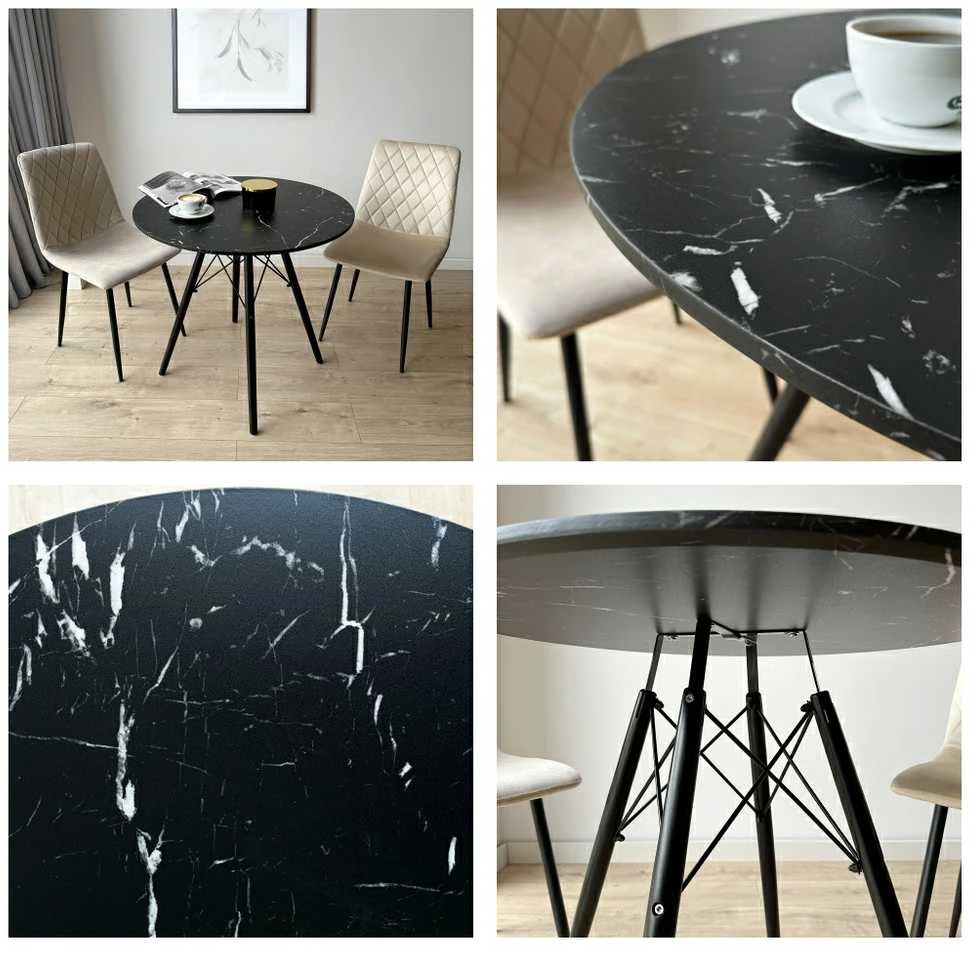 PARIS Juodas DTW apvalus stalas, 80 cm, juodas marmuras