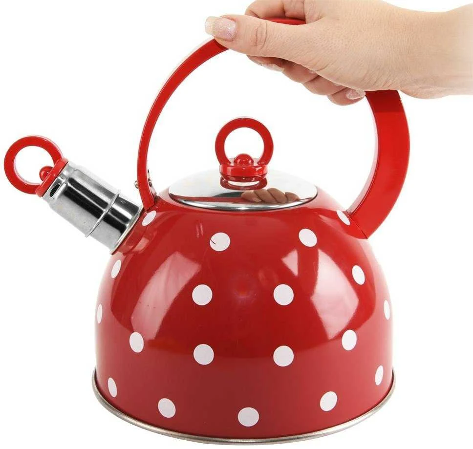 Plieninis virdulys su švilpuku vandeniui virti, raudonas su retro taškeliais, 1,5 l KARIN