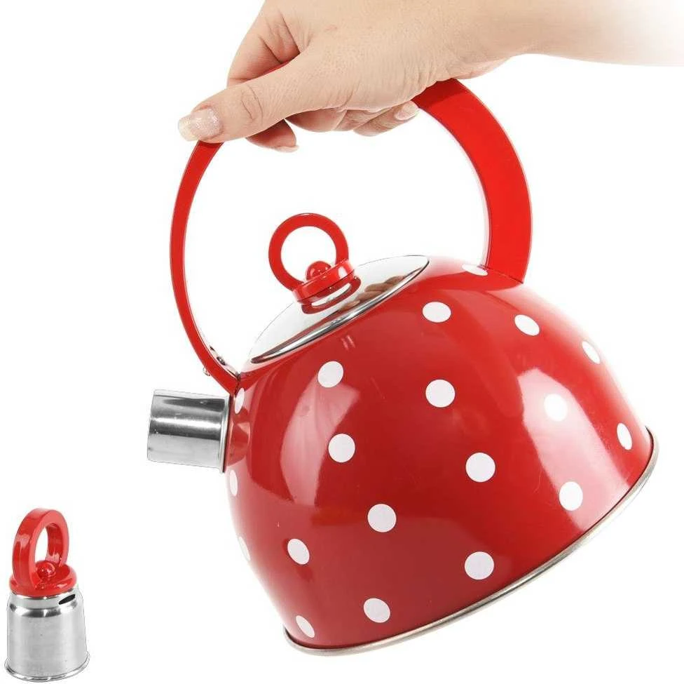Plieninis virdulys su švilpuku vandeniui virti, raudonas su retro taškeliais, 1,5 l KARIN