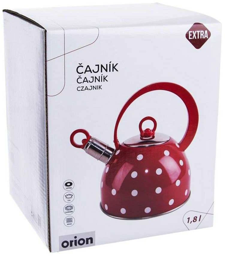 Plieninis virdulys su švilpuku vandeniui virti, raudonas su retro taškeliais, 1,5 l KARIN