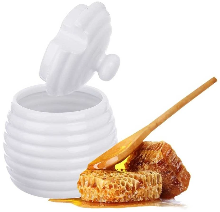 Porcelianinis medaus indas su dangteliu ir šaukštu 340 ml