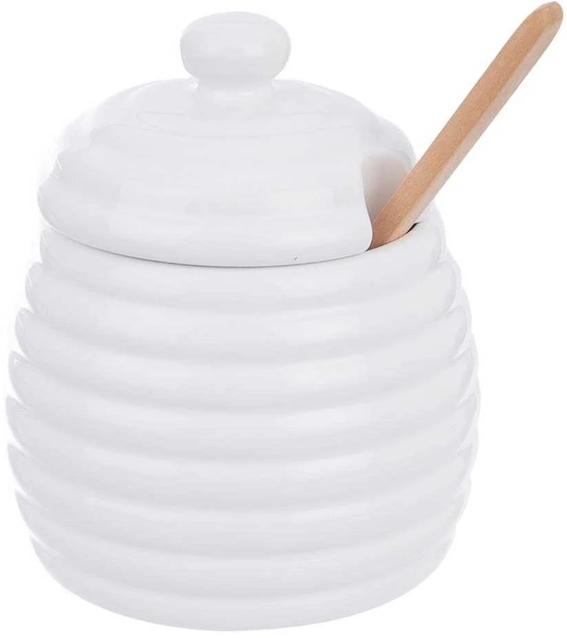 Porcelianinis medaus indas su dangteliu ir šaukštu 340 ml