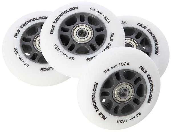 PU 84x24 82A MATTE Baltas (4 vnt) + ABEC-9 CHROME (8 vnt) NILS EXTREME RINKINYS