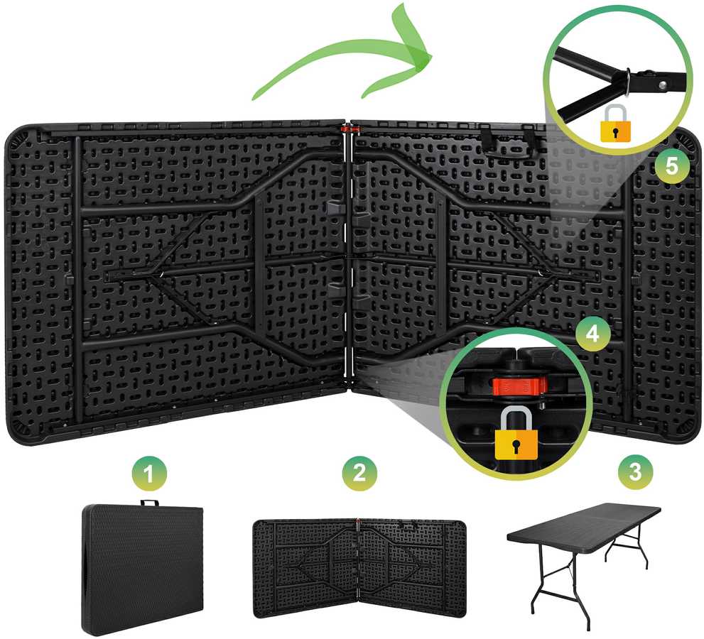 RATTAN maitinimo stalas sulankstomas į lagaminą - 180 cm, juodas