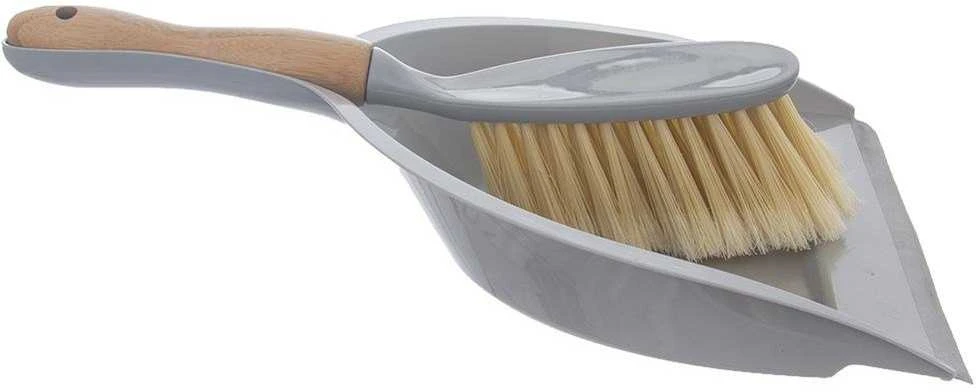 Šepetys su šiukšliadėže su guma pilkos bambuko WOODY pakabos šlavimui