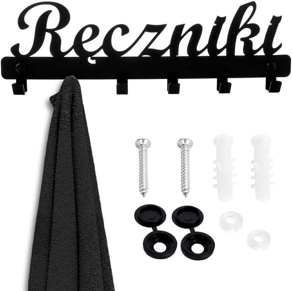 Sieninė kabykla su užrašu Towels, juoda