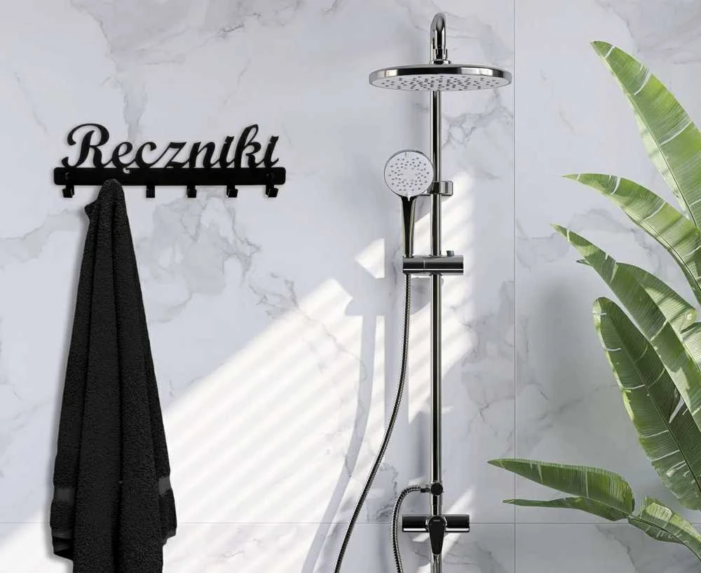 Sieninė kabykla su užrašu Towels, juoda