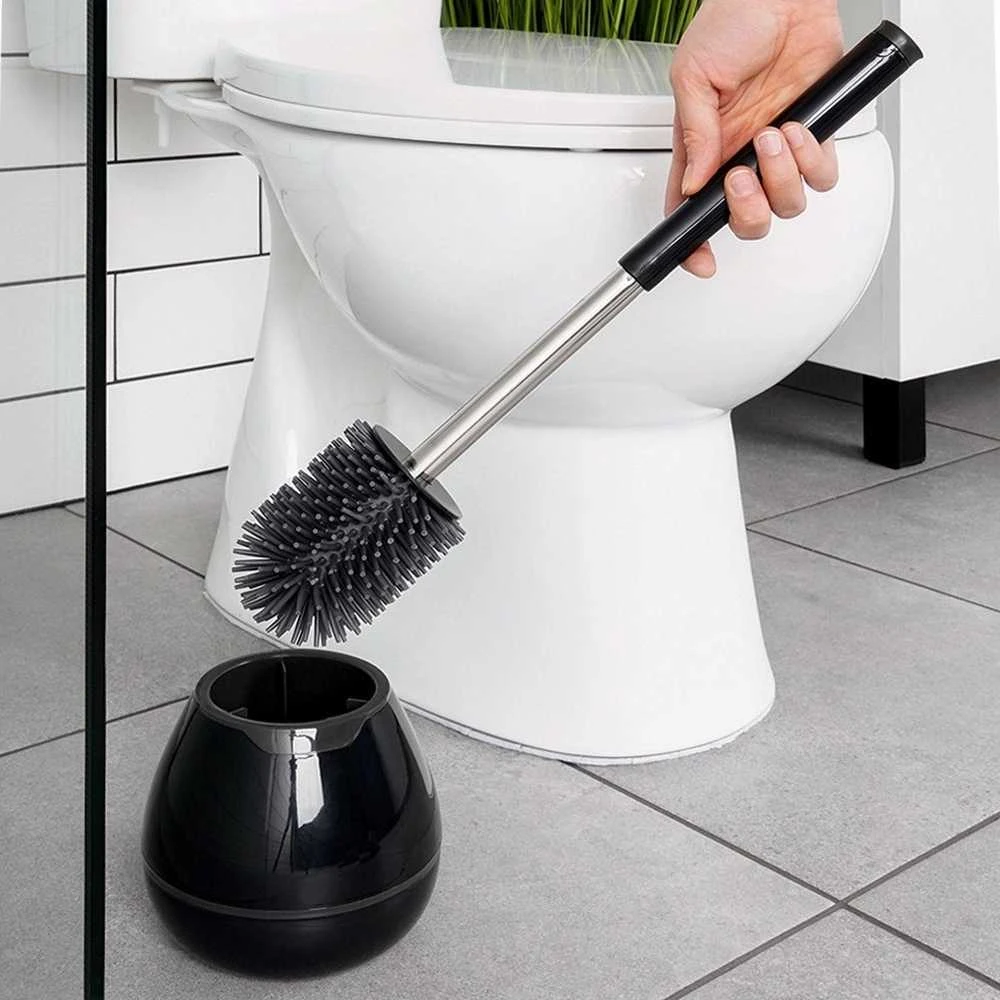 Silikoninis tualetinis šepetys su laikikliu ir žnyplėmis, juodas, 42 cm