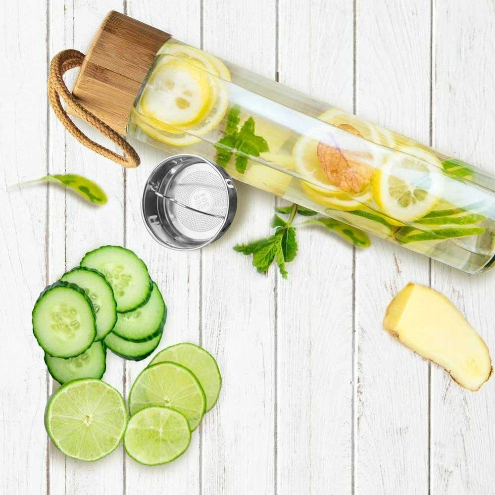 Gertuvė Stiklinis butelis su plieniniu sieteliu, vandens butelis, sultys, limonadas, kavos tirščių filtras, vaisiai, 450 ml