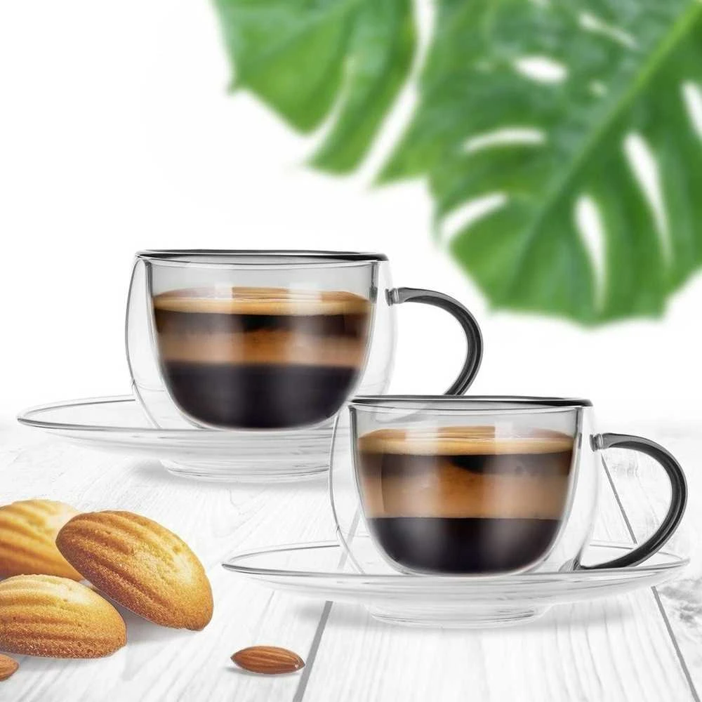 Terminiai puodeliai su lėkšte su dviguba sienele espreso kavai DOUBLE 90 ml 2 vnt.