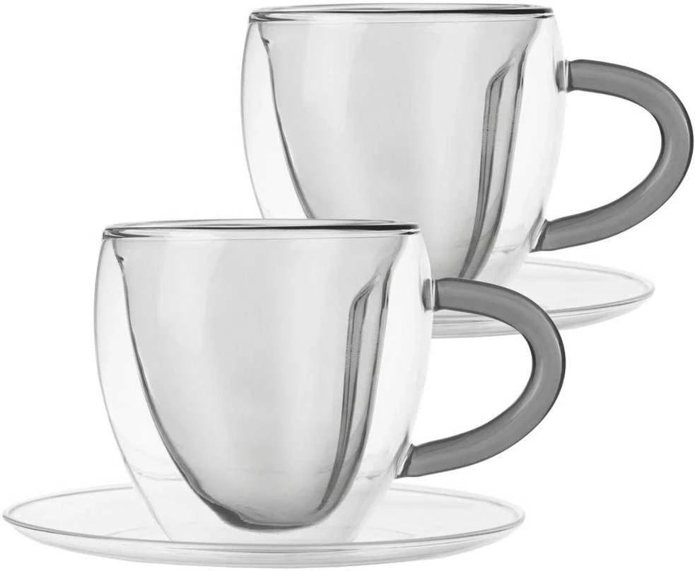 Terminiai puodeliai su lėkšte su dviguba sienele kavai ir arbatai DOUBLE 160 ml 2 vnt.