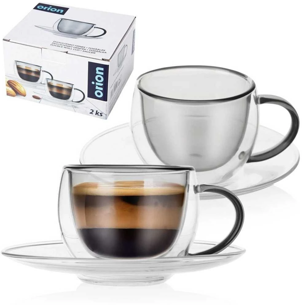 Terminiai puodeliai su lėkšte su dviguba sienele espreso kavai DOUBLE 90 ml 2 vnt.