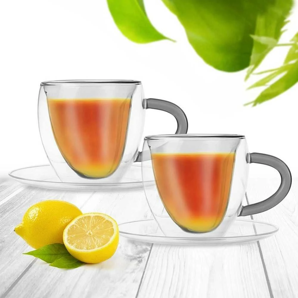 Terminiai puodeliai su lėkšte su dviguba sienele kavai ir arbatai DOUBLE 160 ml 2 vnt.