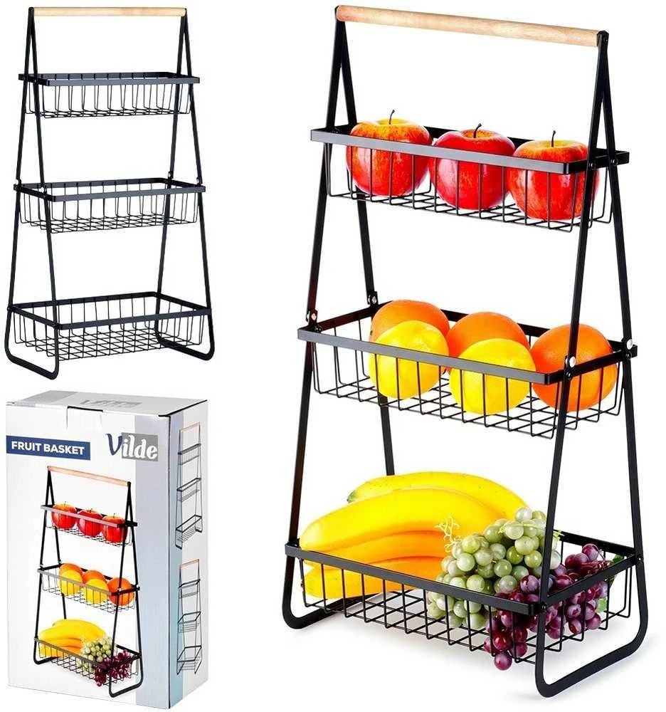 Vaisių daržovių krepšelis 3 pakopų metalinis juodas VILDE 29 cm