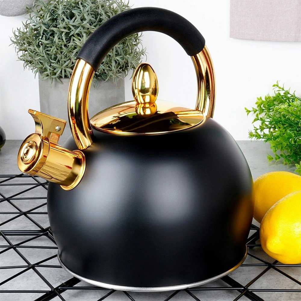 Virdulys su švilpuku, nerūdijantis plienas, juodas, auksinis, VILDE, 3 l