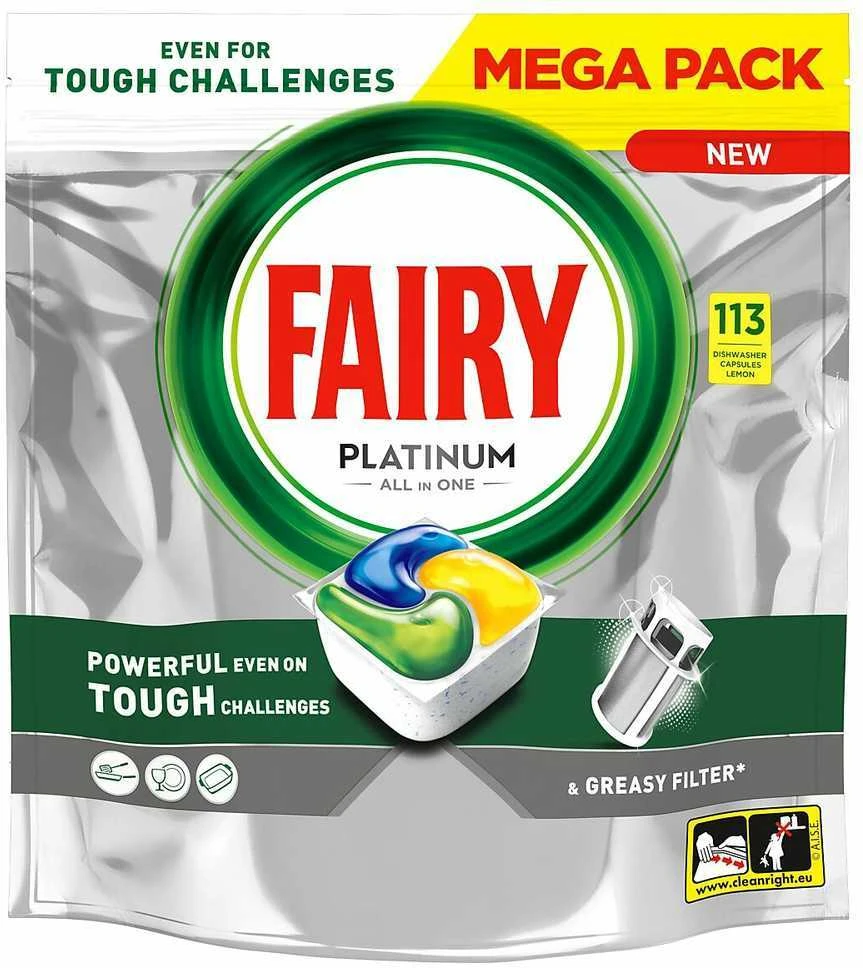 Indaplovių kapsulės Fairy Platinum All in One Lemon, 113 vnt., citrinų kvapo