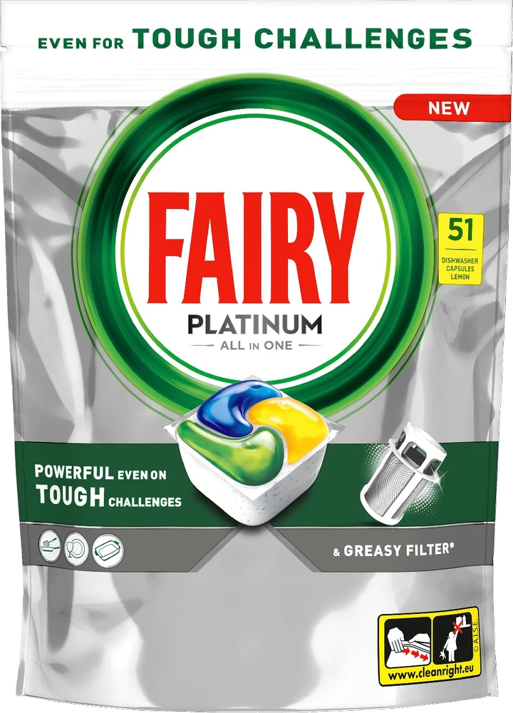 Indaplovių tabletės Fairy Platinum All In One Lemon, 51 vnt.