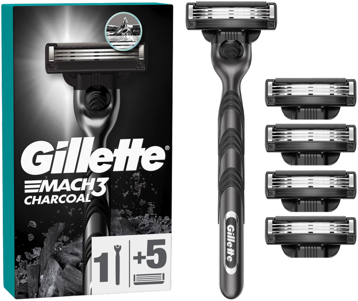 Gillette Mach3 Charcoal Skustuvas Vyrams, 1 Gillette Skustuvas + 5 Keičiamos Galvutės