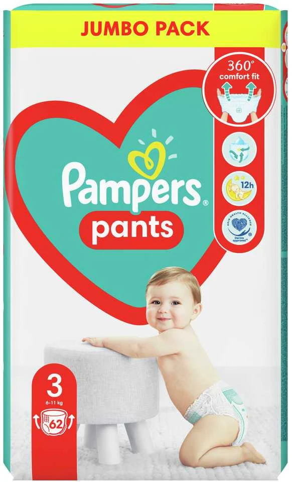 Pampers Active Baby Pants Sauskelnės-Kelnaitės, 3 Dydis, 62 Sauskelnės