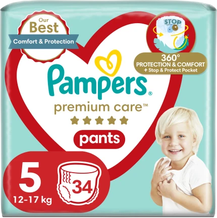 Sauskelnės-Kelnaitės PAMPERS Premium Care Pants, Value Pack, 5 dydis (12-17kg), 34 vnt.